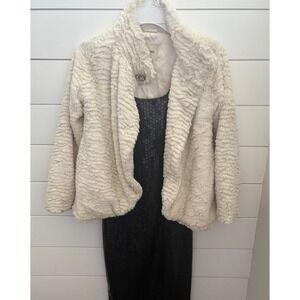 Cherokee‎ Womens Faux Fur Jacket Cream Button Front S/P Small Petite